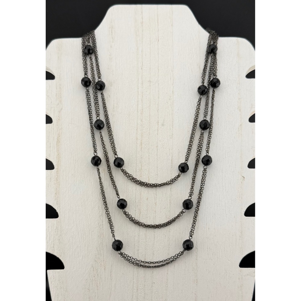 WHBM White House Black Market Necklace Black Bead Gunmetal Multi Strand Layered